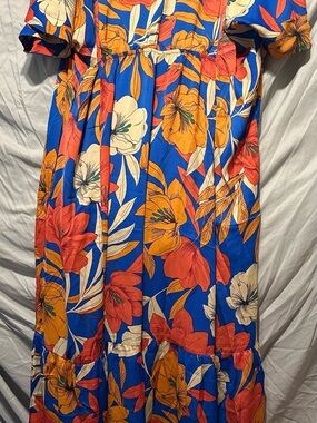 easel Blue Maxi Dress with Orange & Cream Floral
